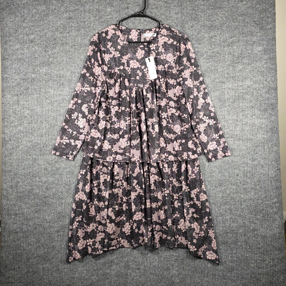 Rebecca‎ Minkoff Floral Tiered Dress Long Sleeve Gray Pink Size 14 NWT